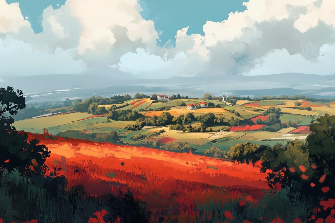 Rolling Red Poppy Fields Stretching Wide Under a Blue Sky Poster