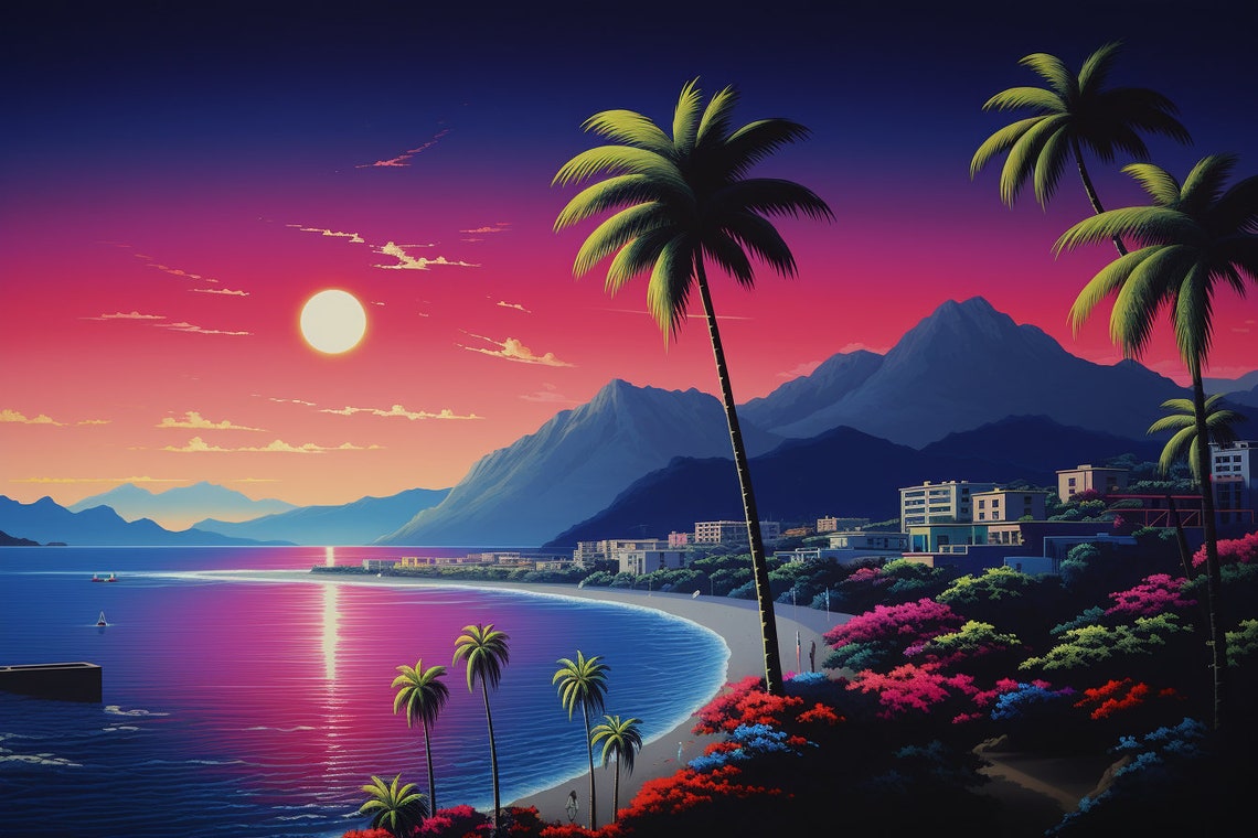 Tropical Bay Sunset Palm Trees Vivid Color Pop Art Coastal Poster