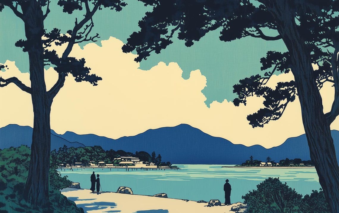 Japanese Woodblock Style Coastal Pine Trees and Blue Bay Poster