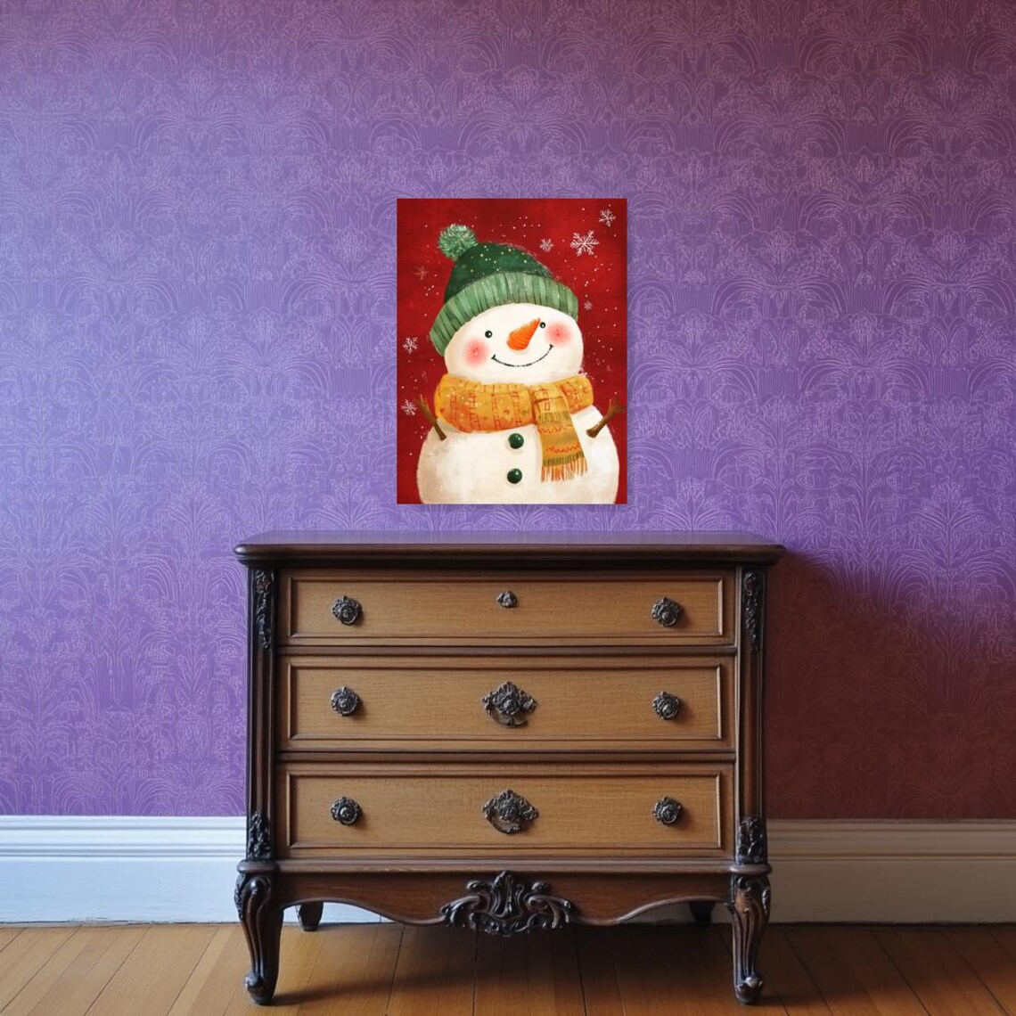 Cheerful Snowman Green Hat Gold Scarf Red Christmas Holiday Poster - Image 2
