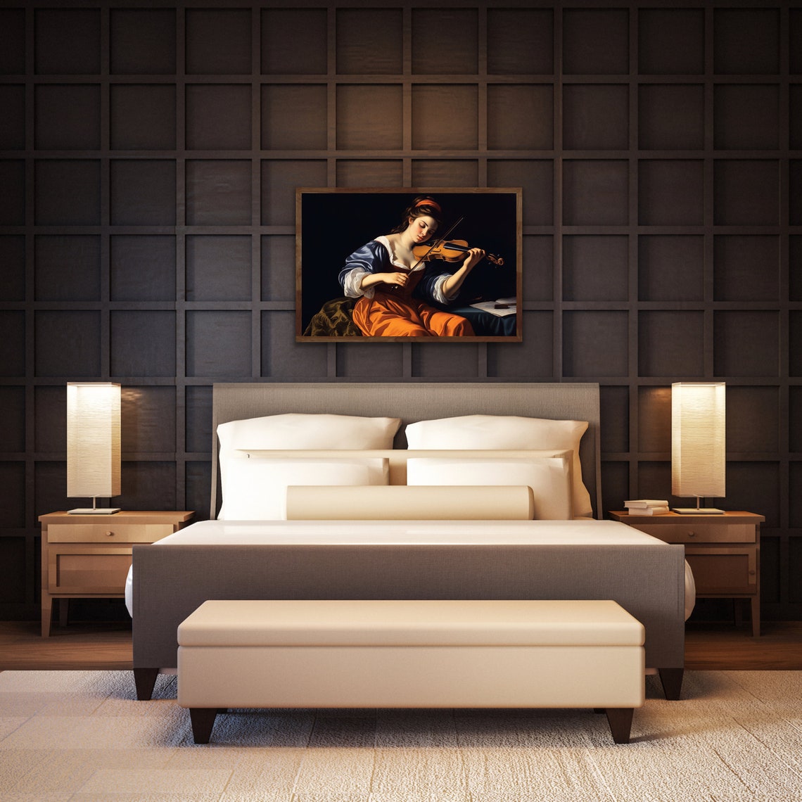 Baroque Beauty Original Artemisia Gentileschi Style Portrait Of Young Woman Playing Violin Custom Wall Art Oil Painting - Image 2