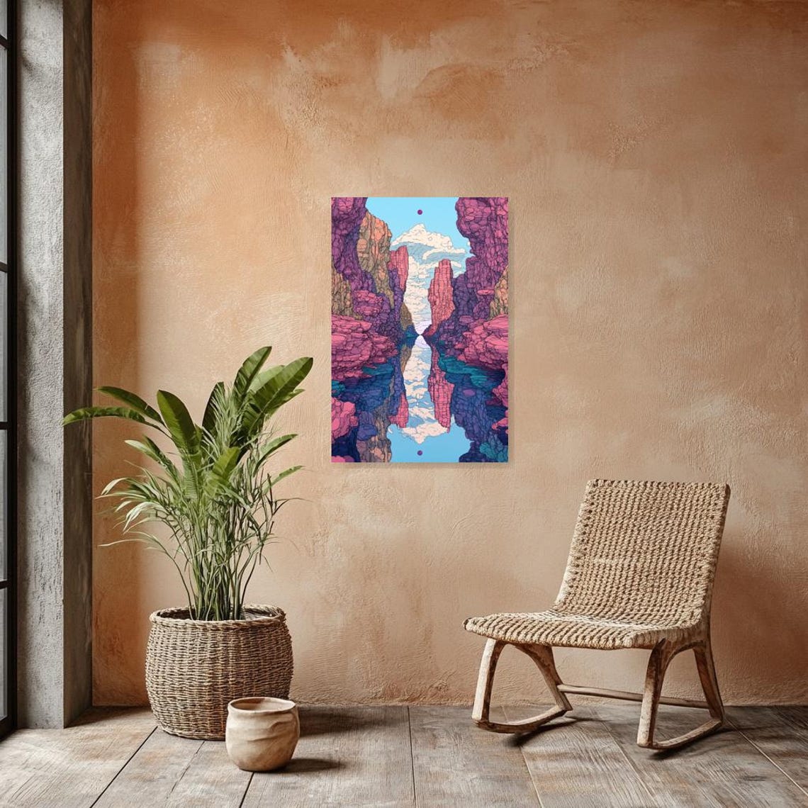 Surreal Mirrored Pink Canyon Reflection Over Teal Water Poster - Image 2