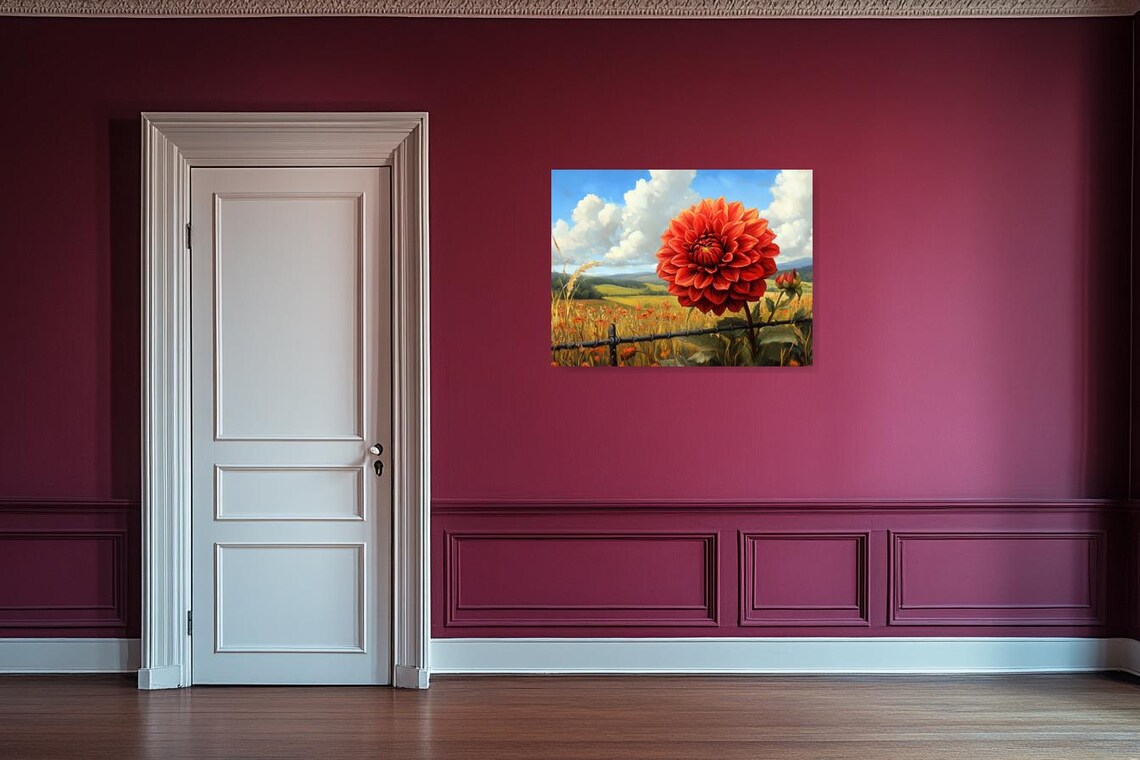 Giant Red Dahlia Bloom Towering Above a Golden Meadow Poster - Image 2