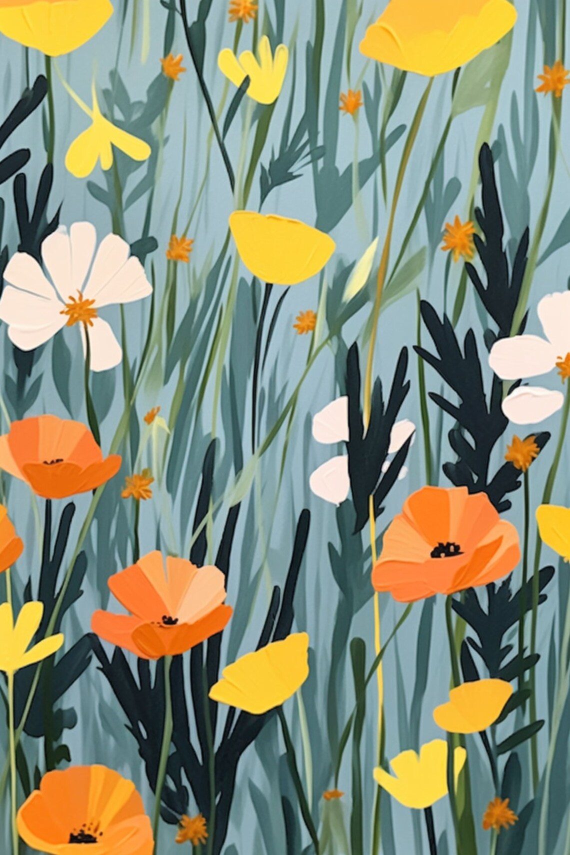 Orange and Yellow Poppies on Teal Flat Botanical Floral Poster