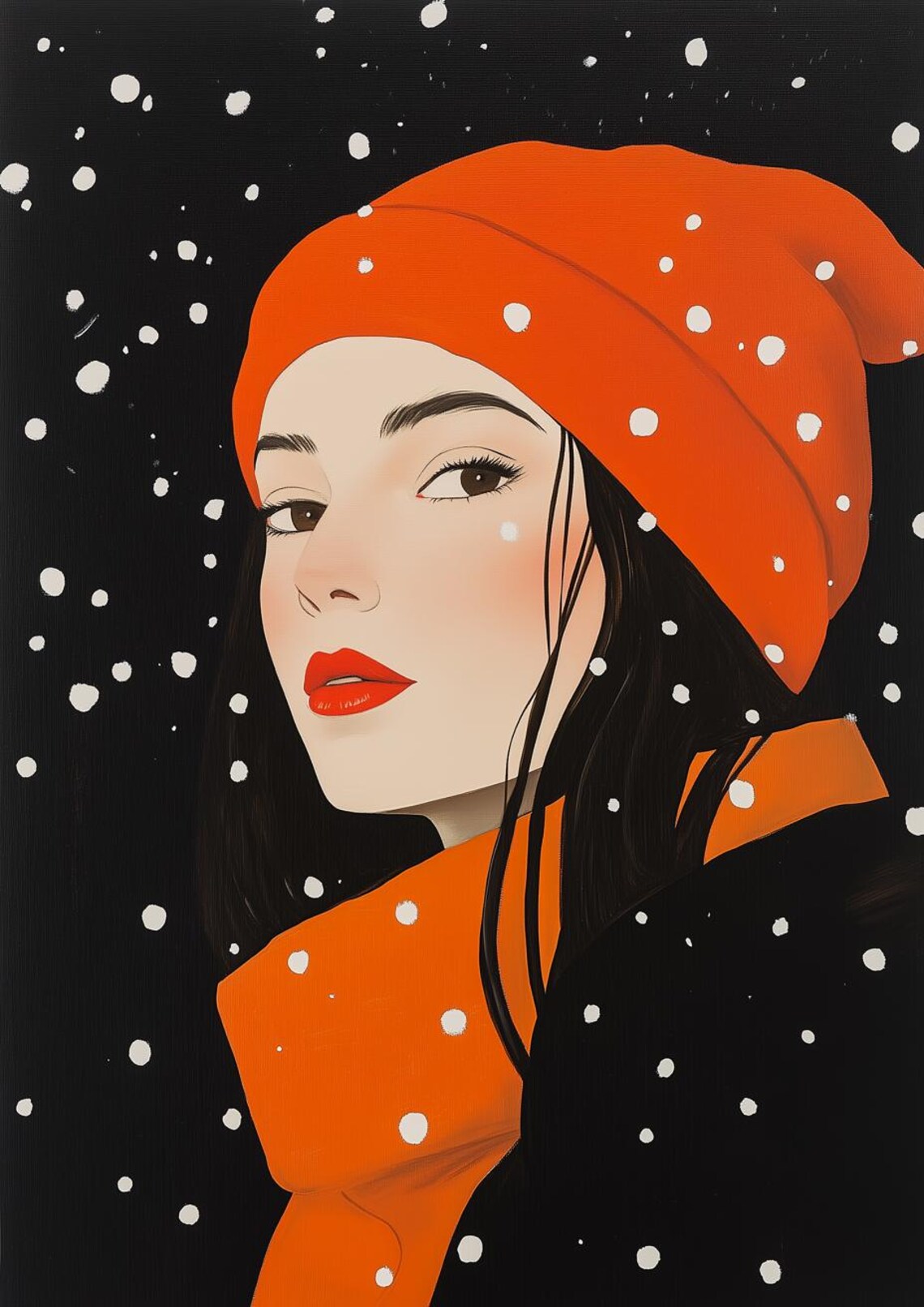 Stylish Woman in an Orange Beanie and Scarf in the Snow Poster