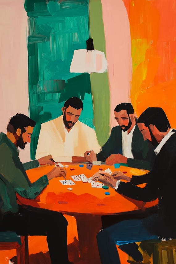 Colorful Print Inspired By Matisse For Home Decor Featuring Poker Game Scene With Bold Brushstrokes
