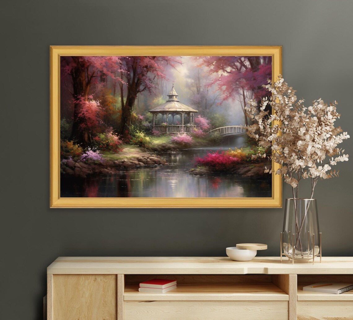 Floral Gazebo By Stream Pink Blossom Garden Dreamy Painting Poster - Image 2