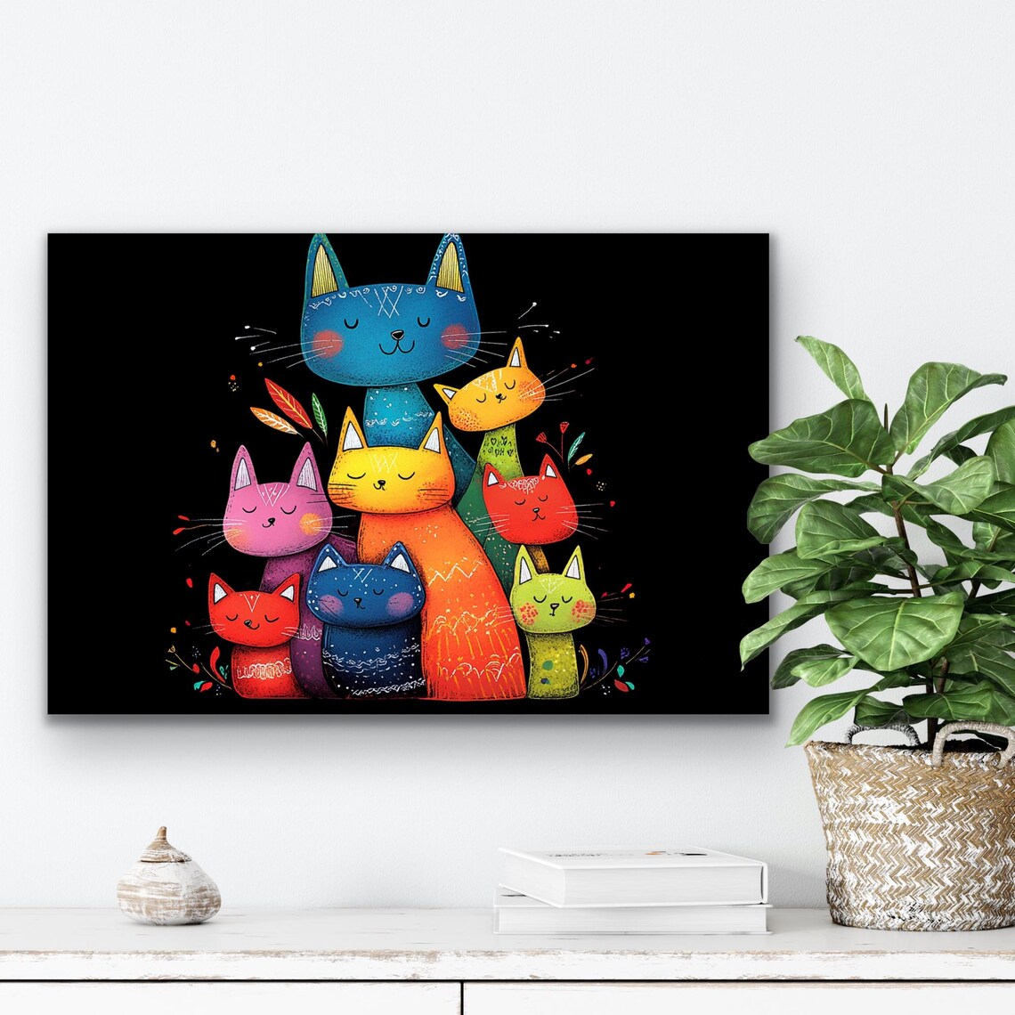 Folk Art Colorful Cats Group Whimsical Bright Cats Family Art Poster - Image 2