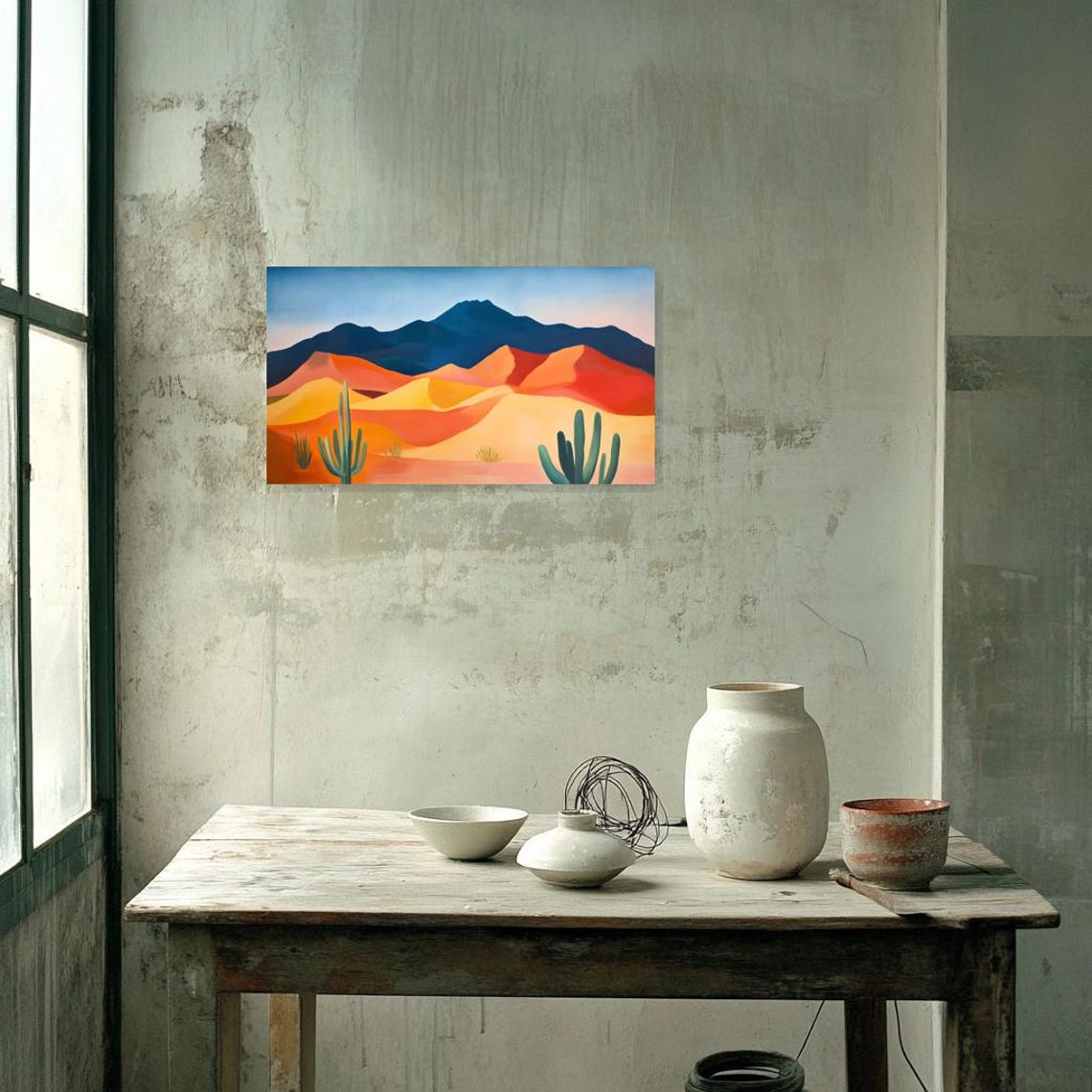 Modern Desert Landscape With Cactus Dunes And Layered Mountains Poster - Image 2