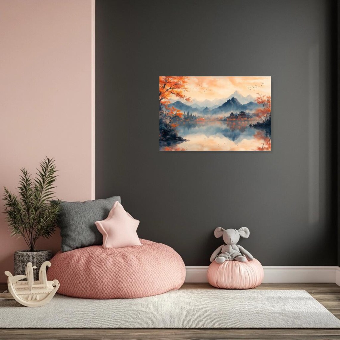 Autumn Lake Pagoda Misty Mountains Chinese Style Watercolor Poster - Image 3