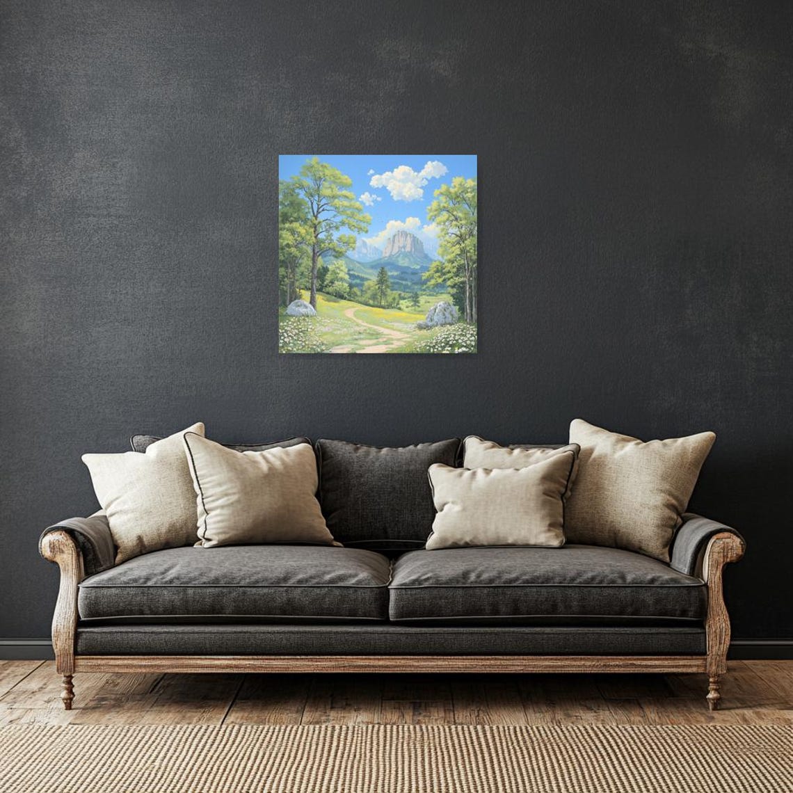 Stunning Landscape Print Inspired By Thomas Kinkade With Lush Greens And Vibrant Mountain Backdrop For Home Decor - Image 3