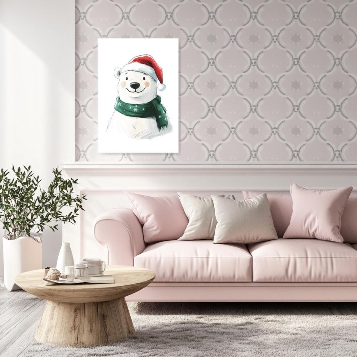 Cute Polar Bear Santa Hat Green Scarf Christmas Holiday Poster - Image 2
