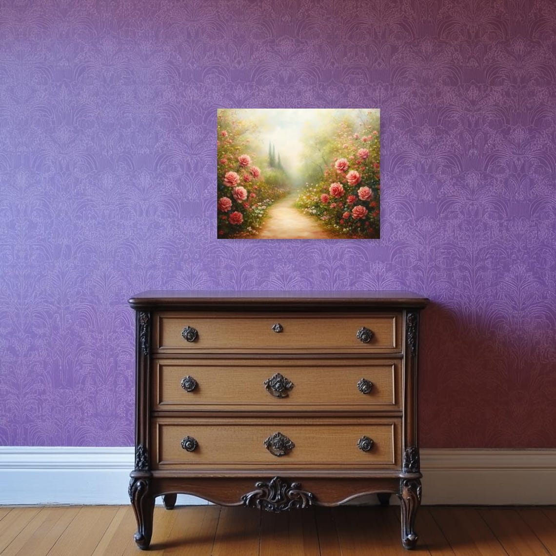 Pink Rose Garden Path Dreamy Monet Style Impressionist Poster - Image 2