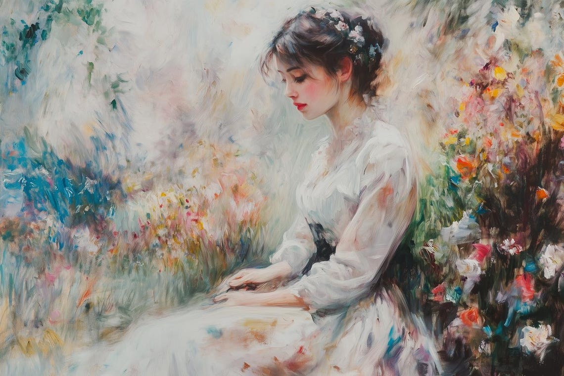 Dreamy Woman In Blooming Garden Soft Pastel Impressionist Poster