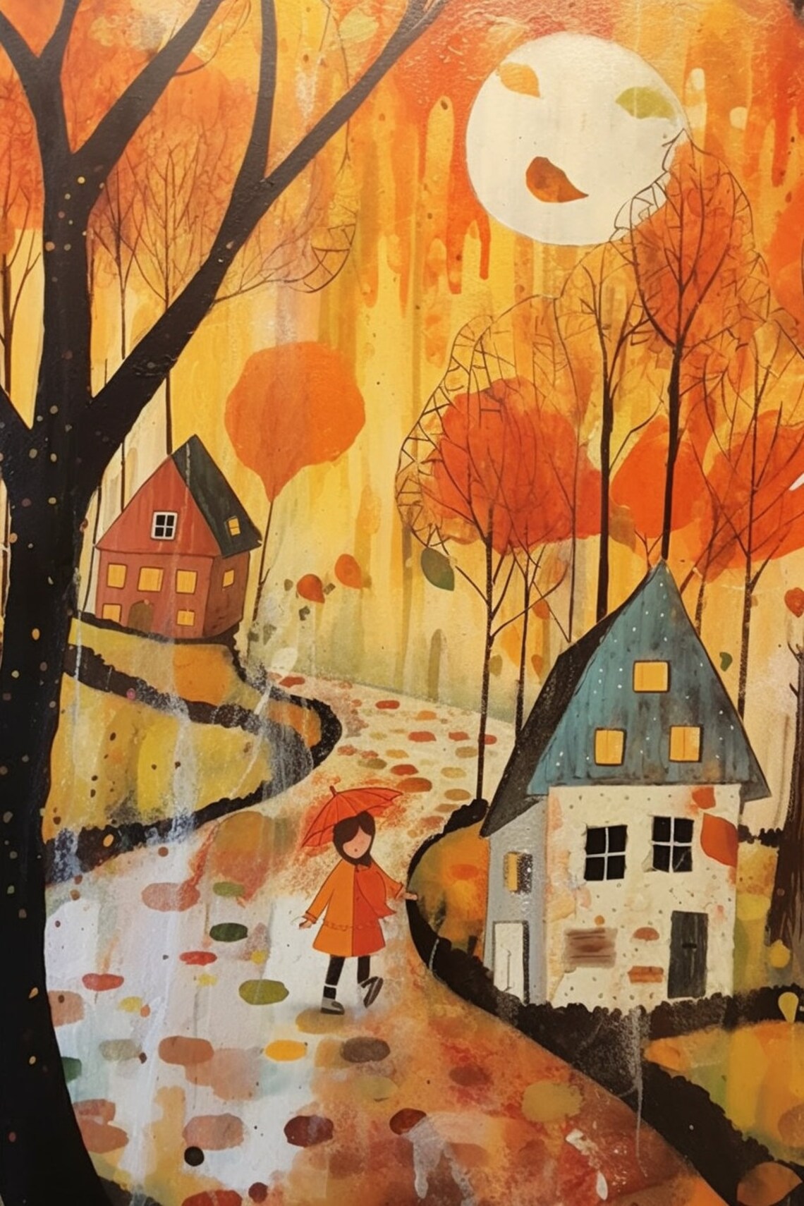 Girl in Orange Coat with Umbrella in Autumn Village Watercolor Poster