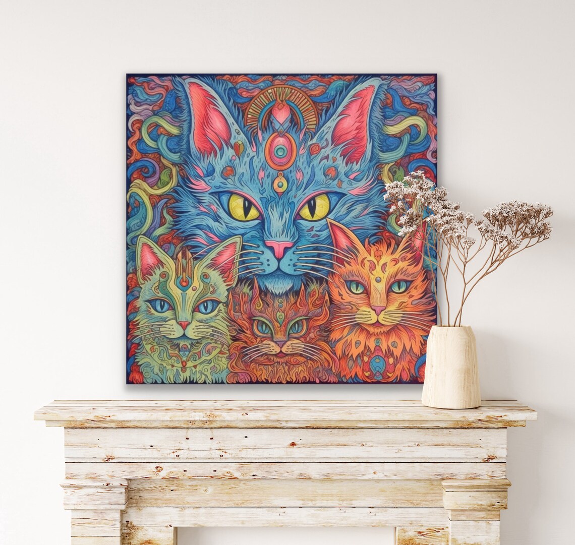 Symmetrical Psychedelic Cats Kaleidoscope Colorful Folk Art Poster - Image 2
