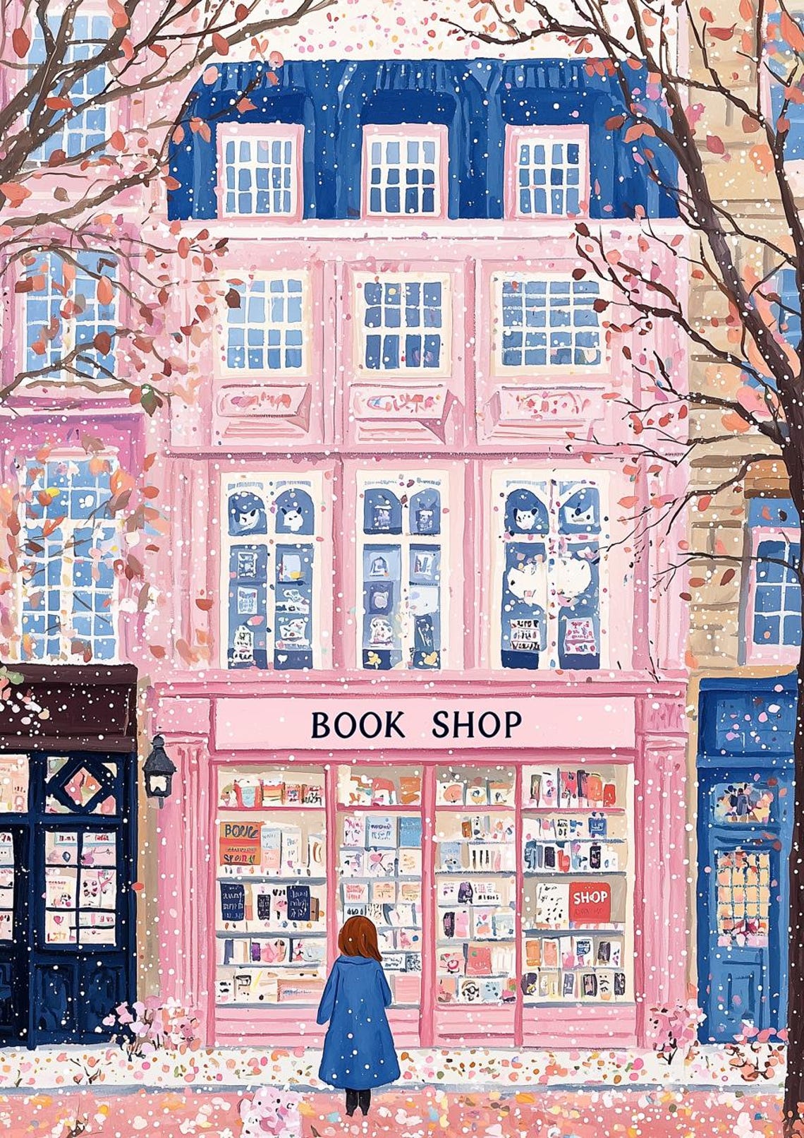 Pink Bookshop in Snow with Falling Petals and Blue Coat Girl Poster