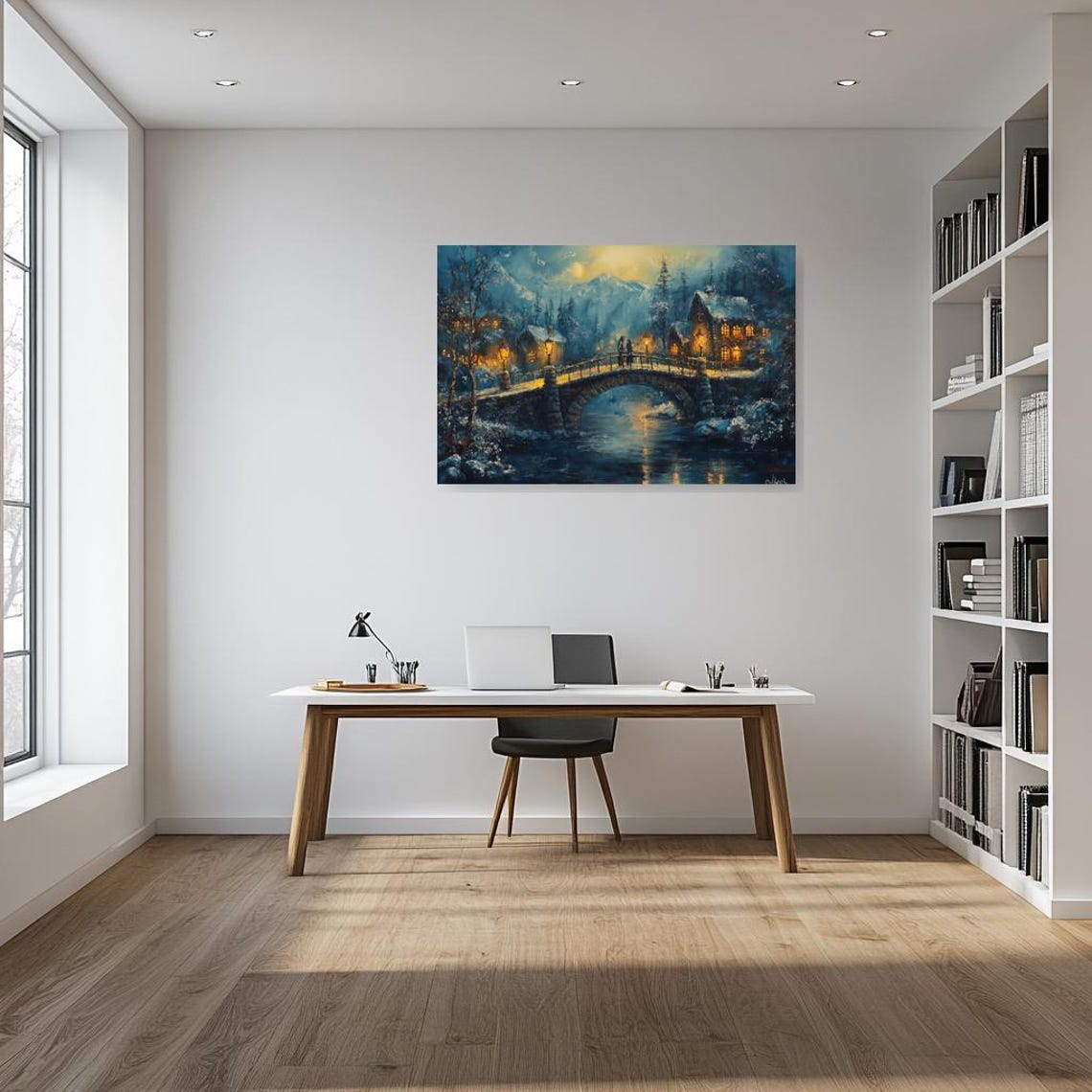 Winter Bridge Print Inspired By Impressionist Art With Cozy Snowy Scene And Warm Lantern Lights For Home Decor - Image 2