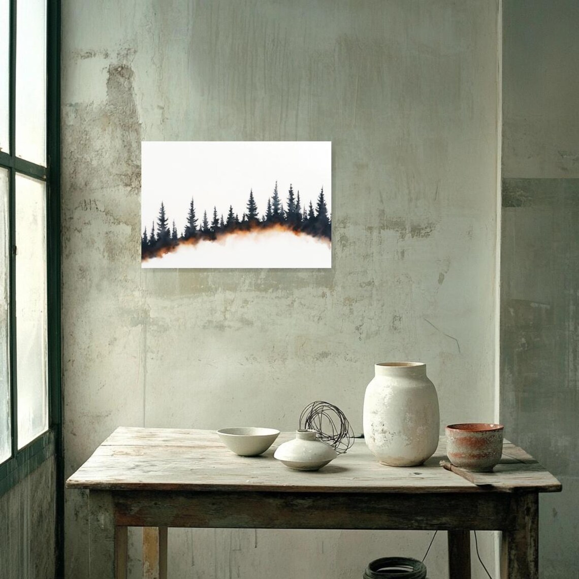 Black Pine Forest Fog Silhouette Minimal Watercolor Landscape Poster - Image 2