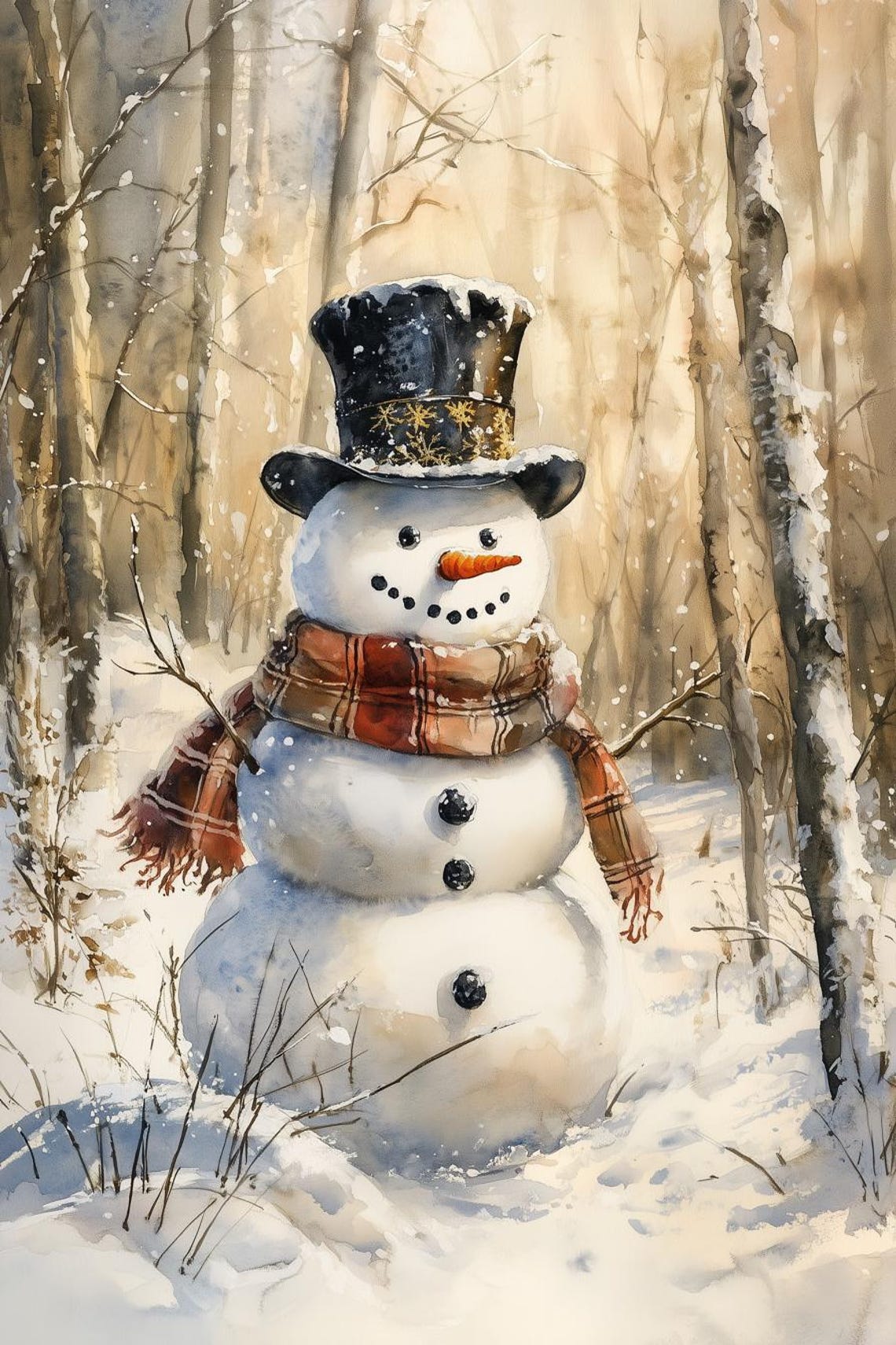 Cheerful Snowman in Top Hat and Plaid Scarf Winter Forest Poster