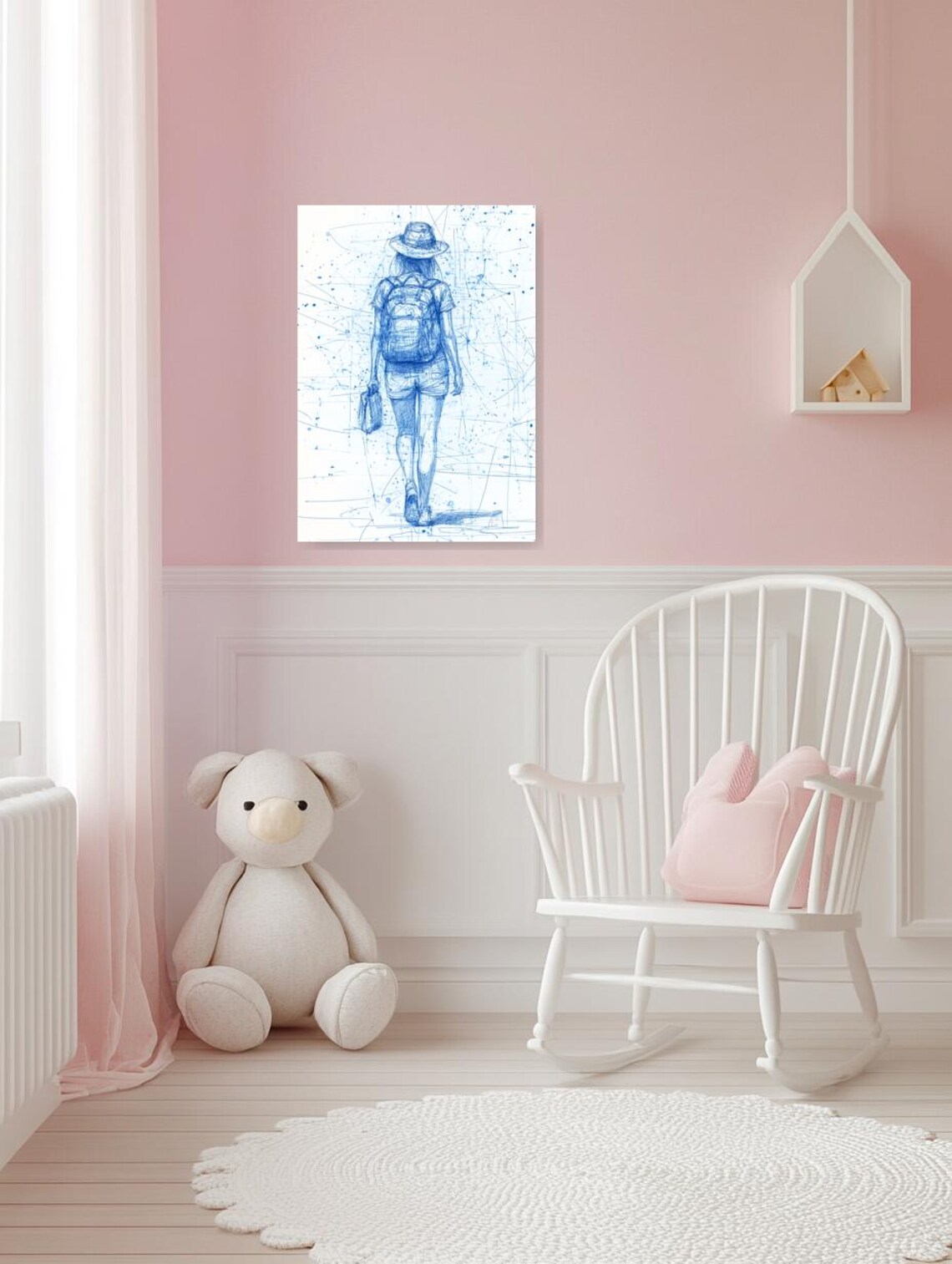 Blue Ink Sketch of a Woman Traveler with Backpack and Hat Poster - Image 2