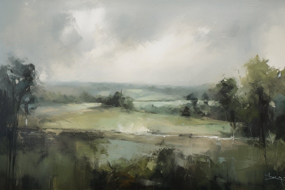 Misty Forest Landscape Painting In Muted Greens Print Fine Art Custom Ccc