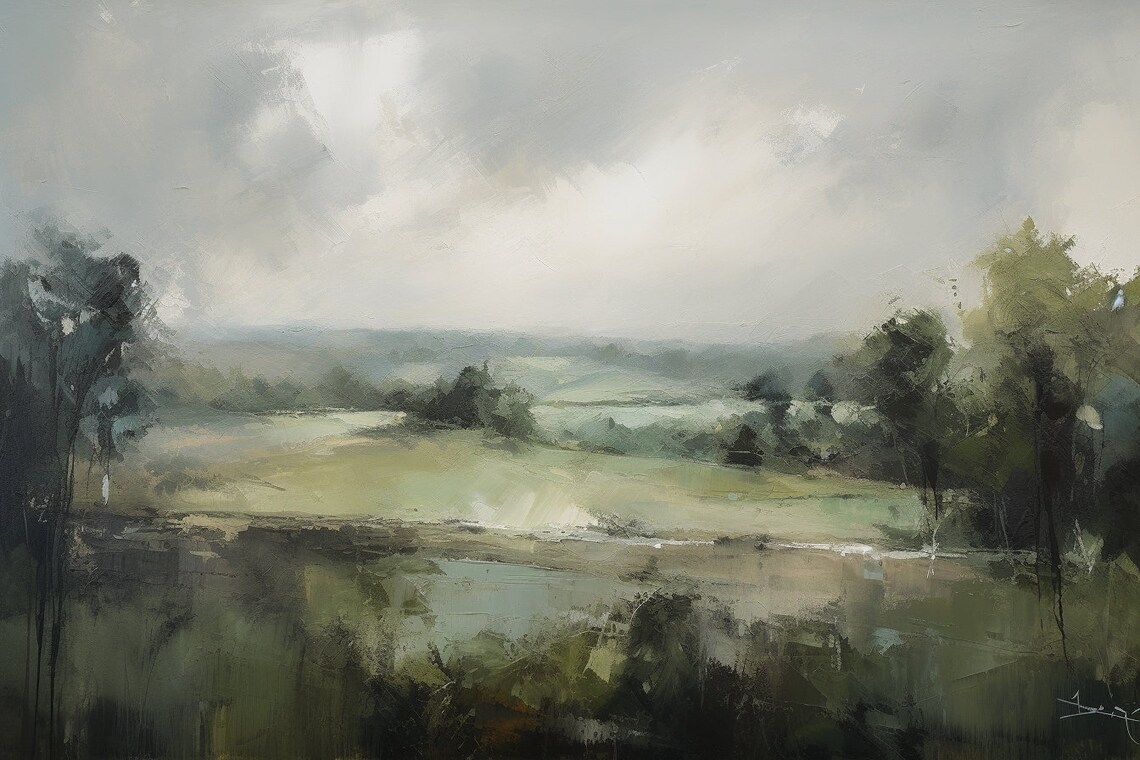 Misty Green Hills Stormy Sky Impressionist Landscape Scene Poster