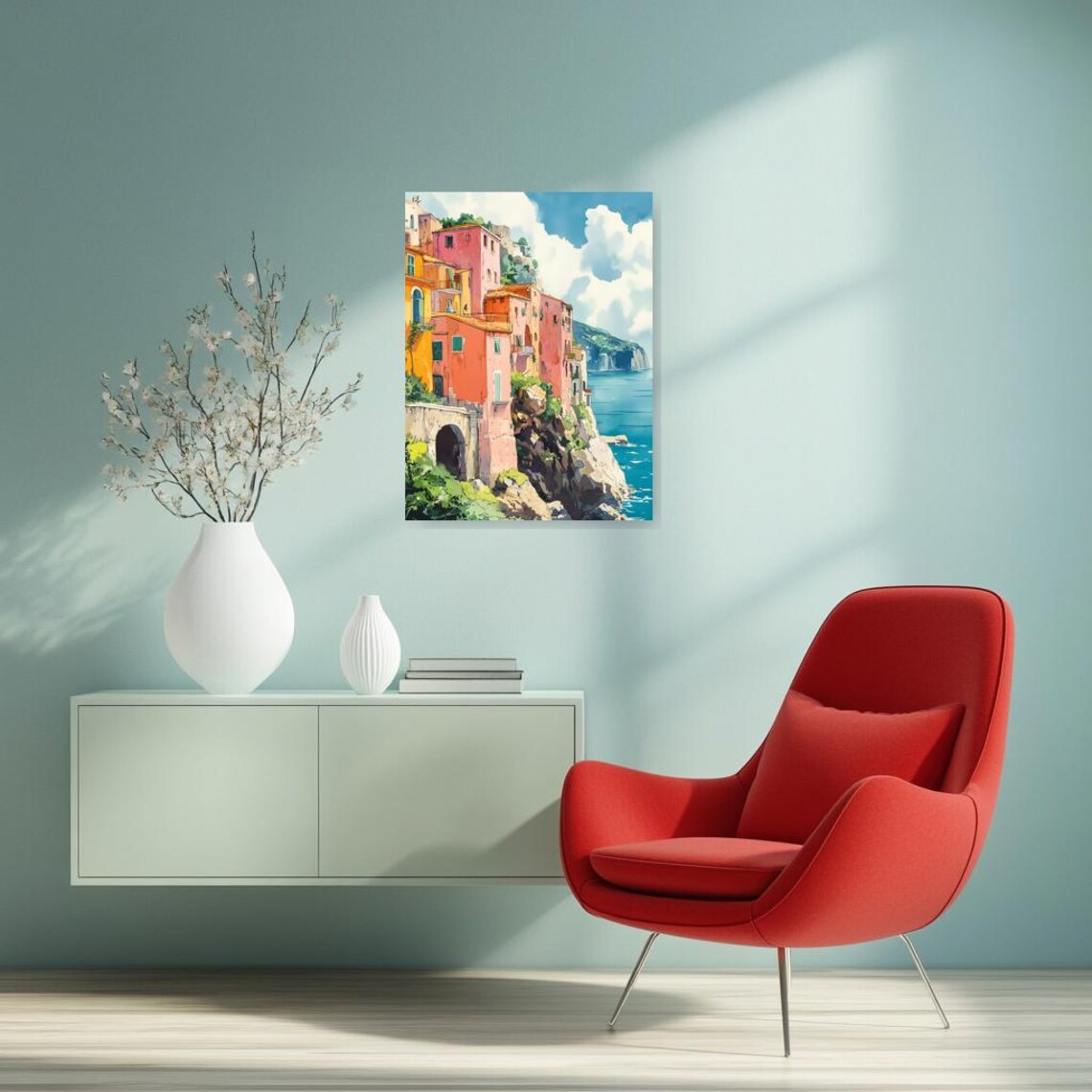 Colorful Cliffside Coastal Village Turquoise Sea Watercolor Poster - Image 3