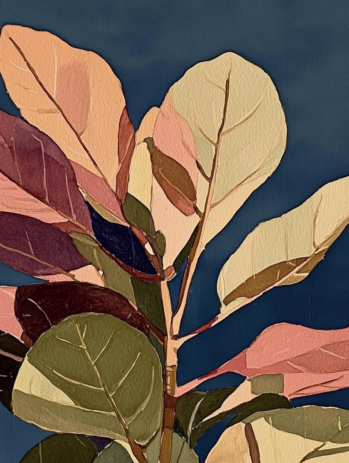 Tropical Leaf Study on a Deep Navy Blue Background Scene Poster