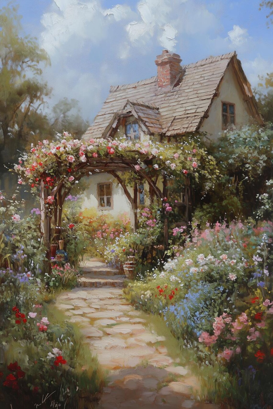 Charming Cottage with Rose Arch in a Lush Summer Flower Garden Poster