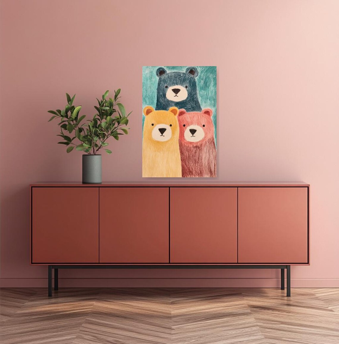 Three Cute Colorful Cartoon Bears Folk Art Style Nursery Poster - Image 2
