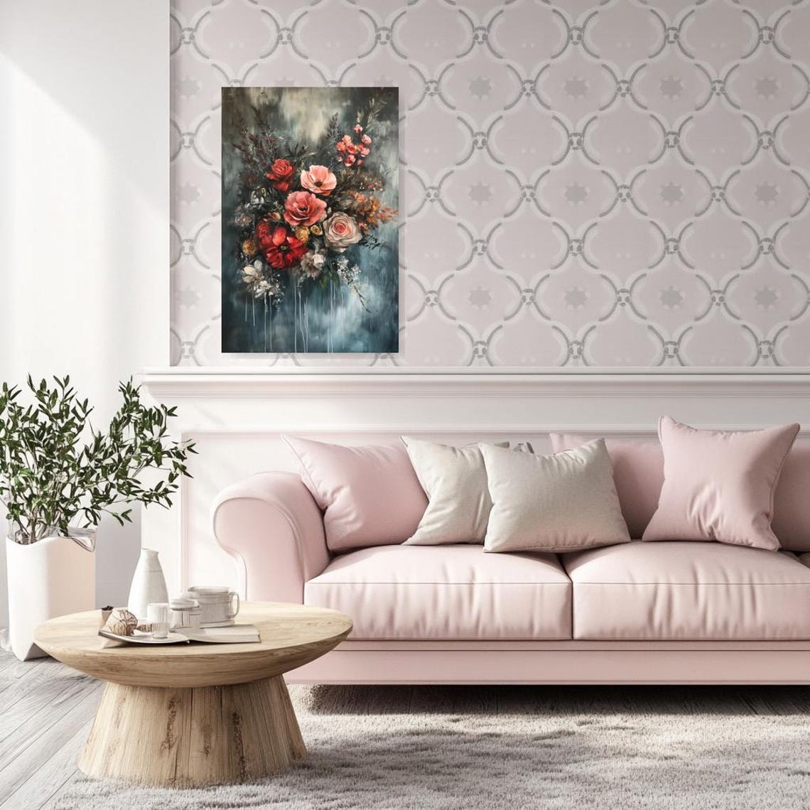 Impressionist Roses Bouquet Moody Teal Dripped Paint Art Poster - Image 3