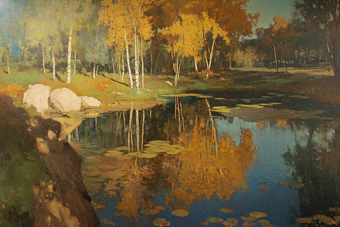 Autumn Reflections on a Birch Pond in Impressionist Style Poster