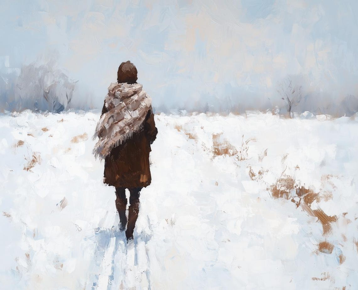 Lone Figure Walking Away Through a Bright Snowy Field Poster