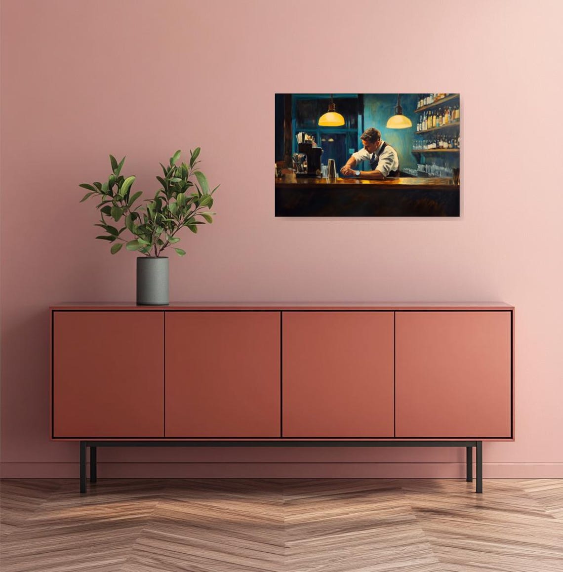 Vintage Barman Leaning at the Counter Under Warm Pendant Lamps Poster - Image 2