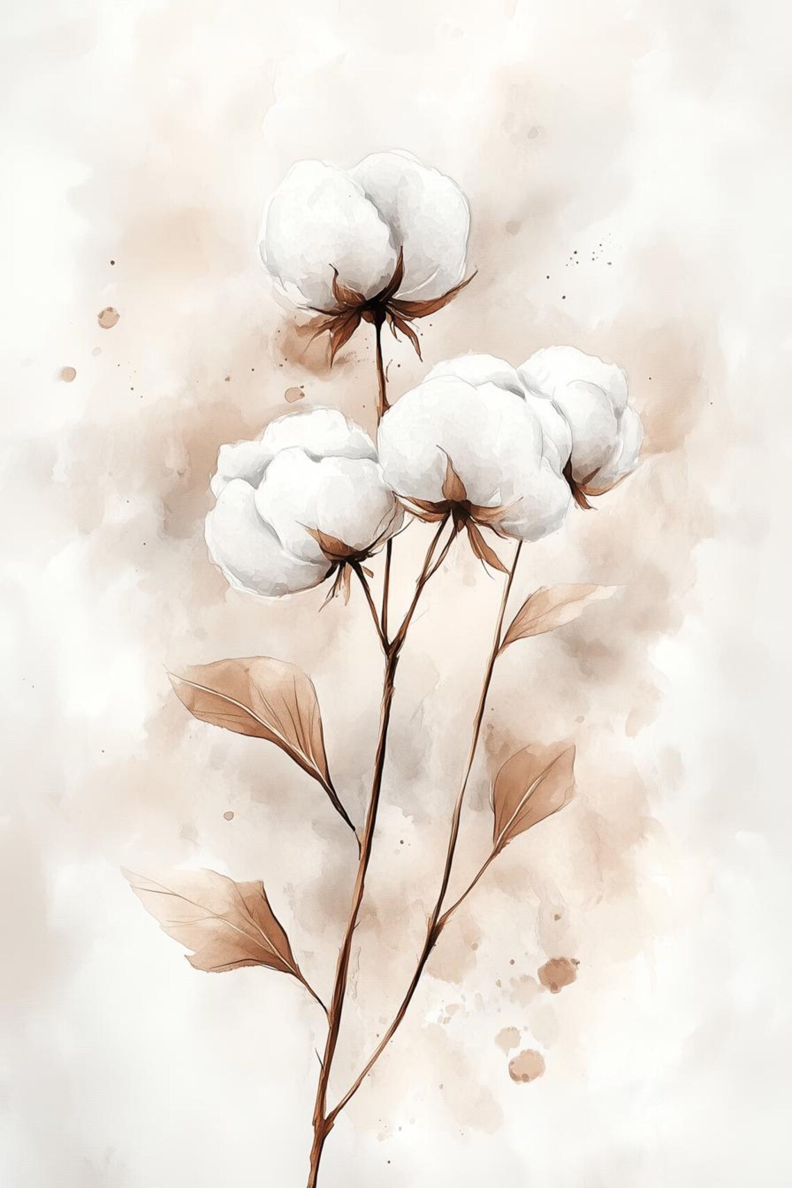 Minimalist Watercolor Cotton Flower Branches Neutral Tones Poster