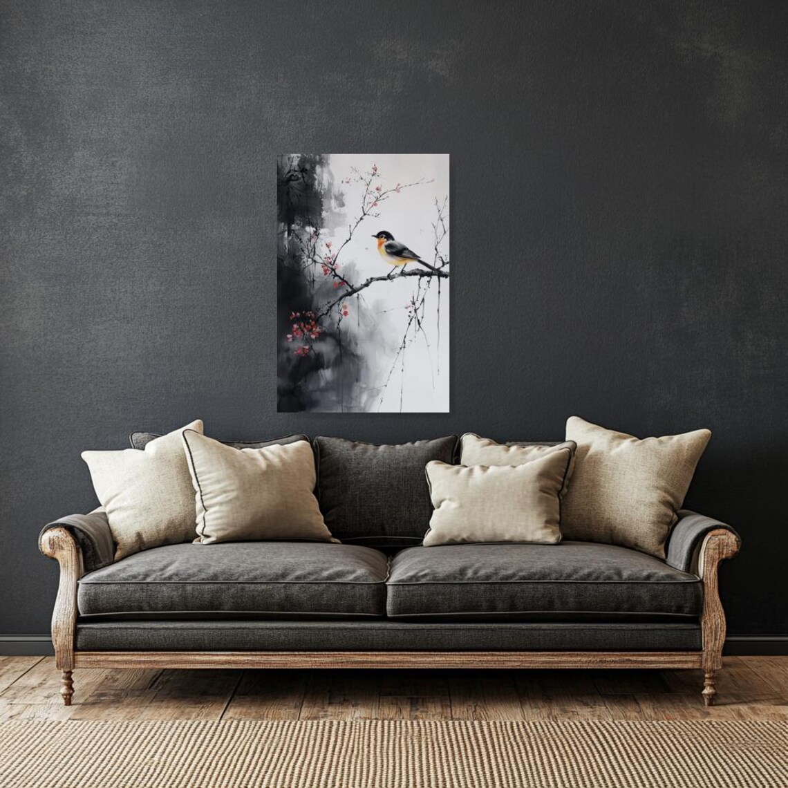 Small Songbird On Red Blossom Branch Japanese Ink Wash Art Poster - Image 3
