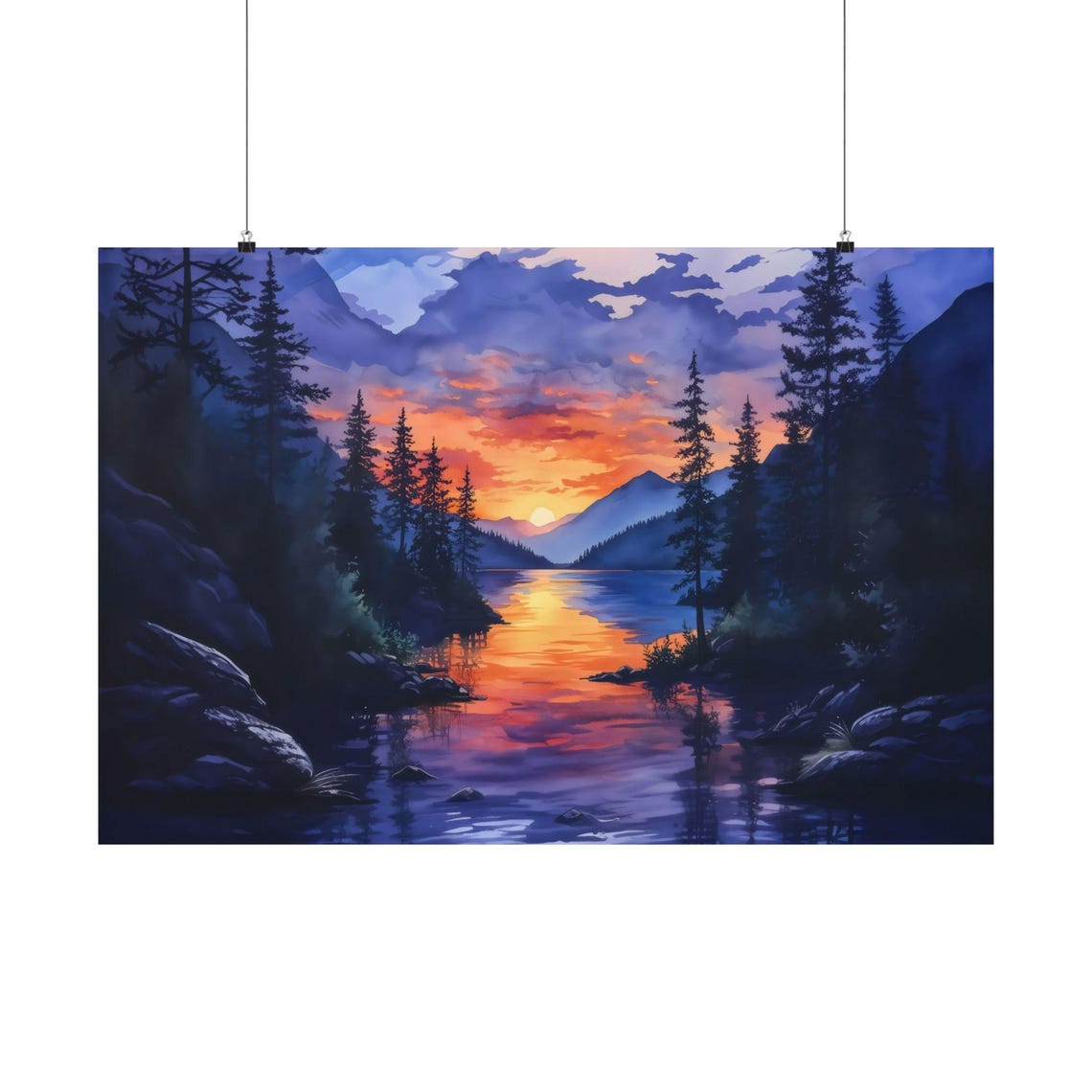 Purple Sunset Over Pine Forest Lake Rocky Shoreline Landscape Poster