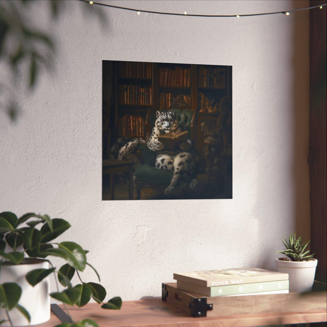 Snow Leopard Reading Book In A Cozy Library Charming Animal Poster - Image 3