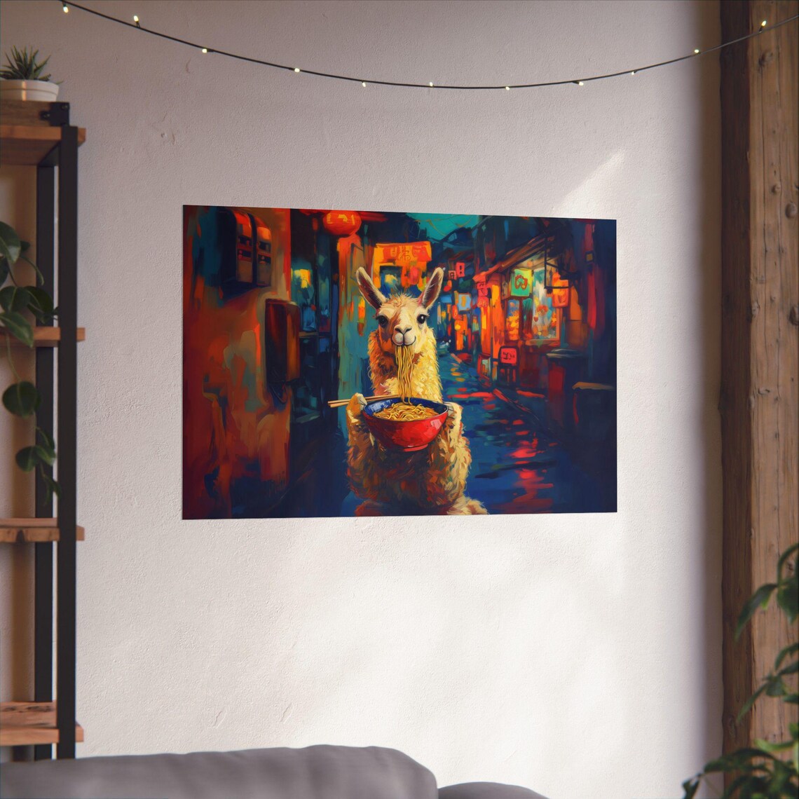 Whimsical Llama Slurping Ramen in a Lantern Lit Alley Poster - Image 3
