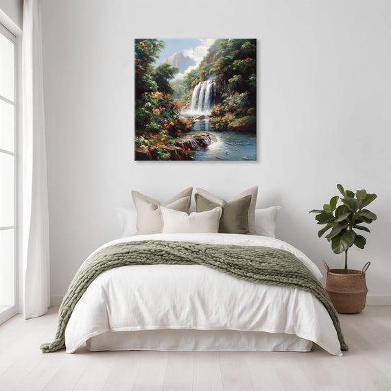 Secret Waterfall Garden Print Landscape Modern Painting Outdoor Nature Rustic Bright Wall Print Airbnb Art Wall Decor