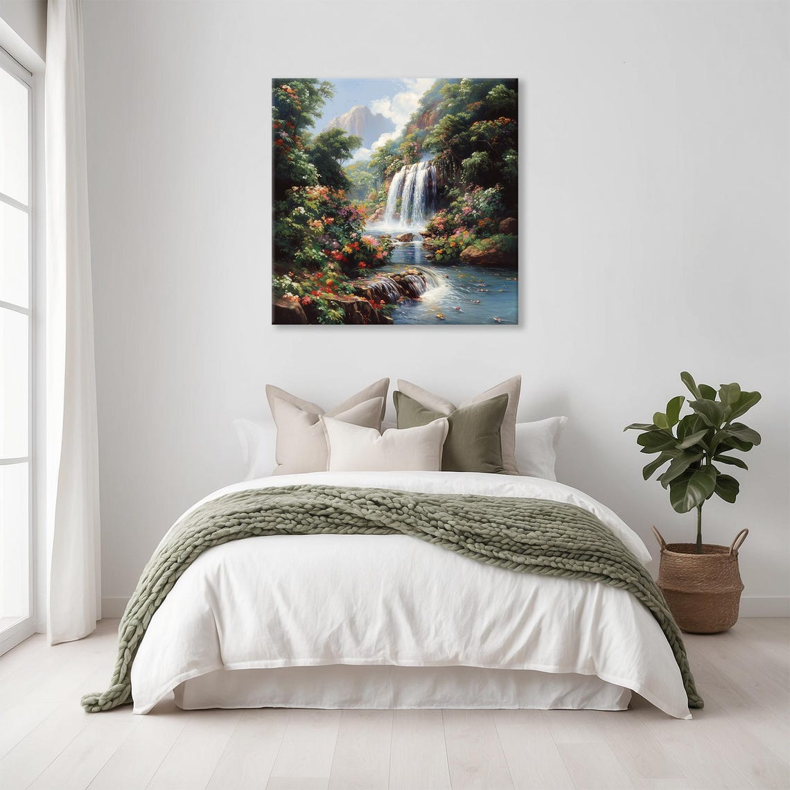 Tropical Waterfall Paradise Garden Vibrant Bloom Scenic Wall Art