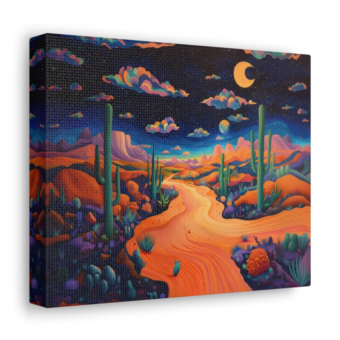 Crescent Moon Over Psychedelic Desert With Saguaro Cacti Art Print - Image 2
