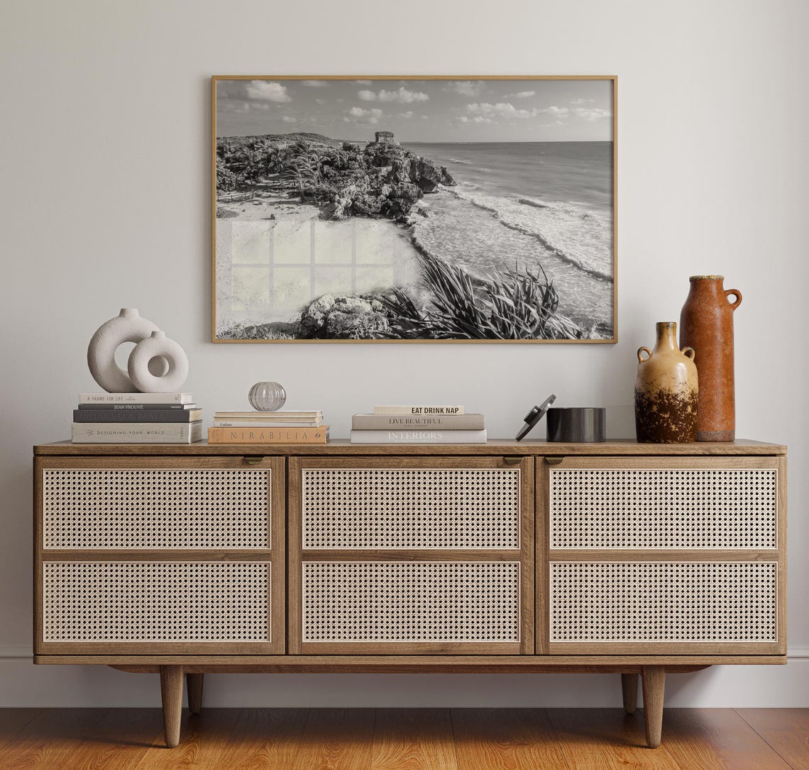 Tulum Mexico Mayan Ruins Cliffside Beach Black And White Ocean Poster - Image 3