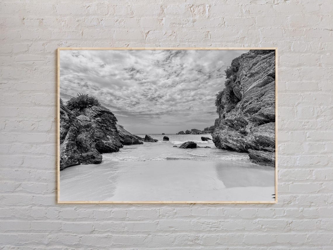 Bermuda Rocky Cove and Dramatic Cloudy Sky Black and White Poster