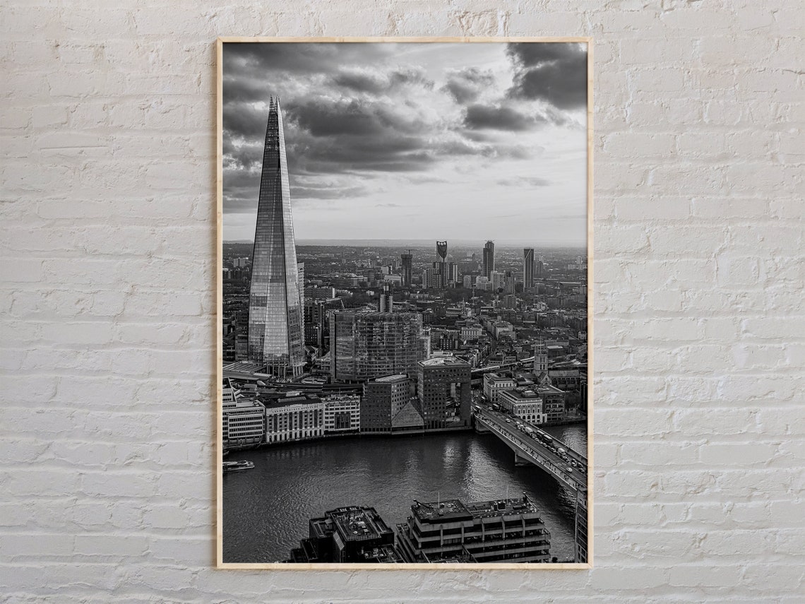 Black and White London Skyline The Shard Over Thames River Poster