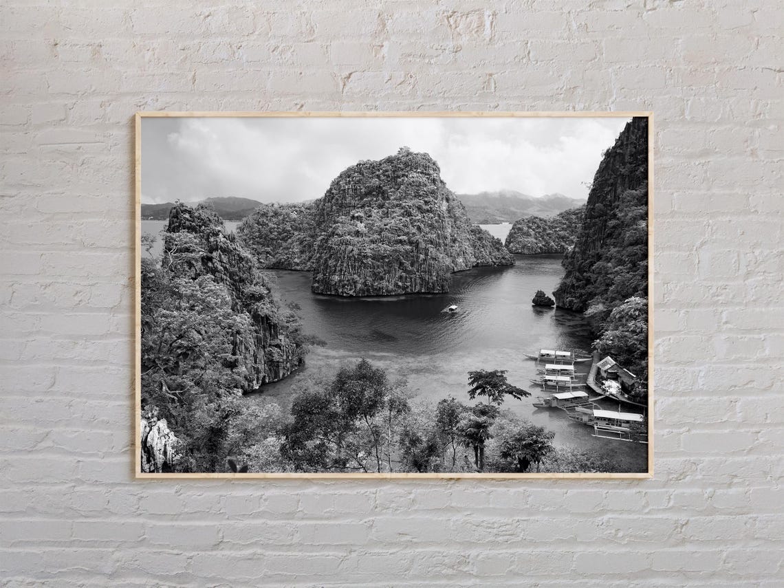Black And White Tropical Karst Lagoon Scenic Photography Poster