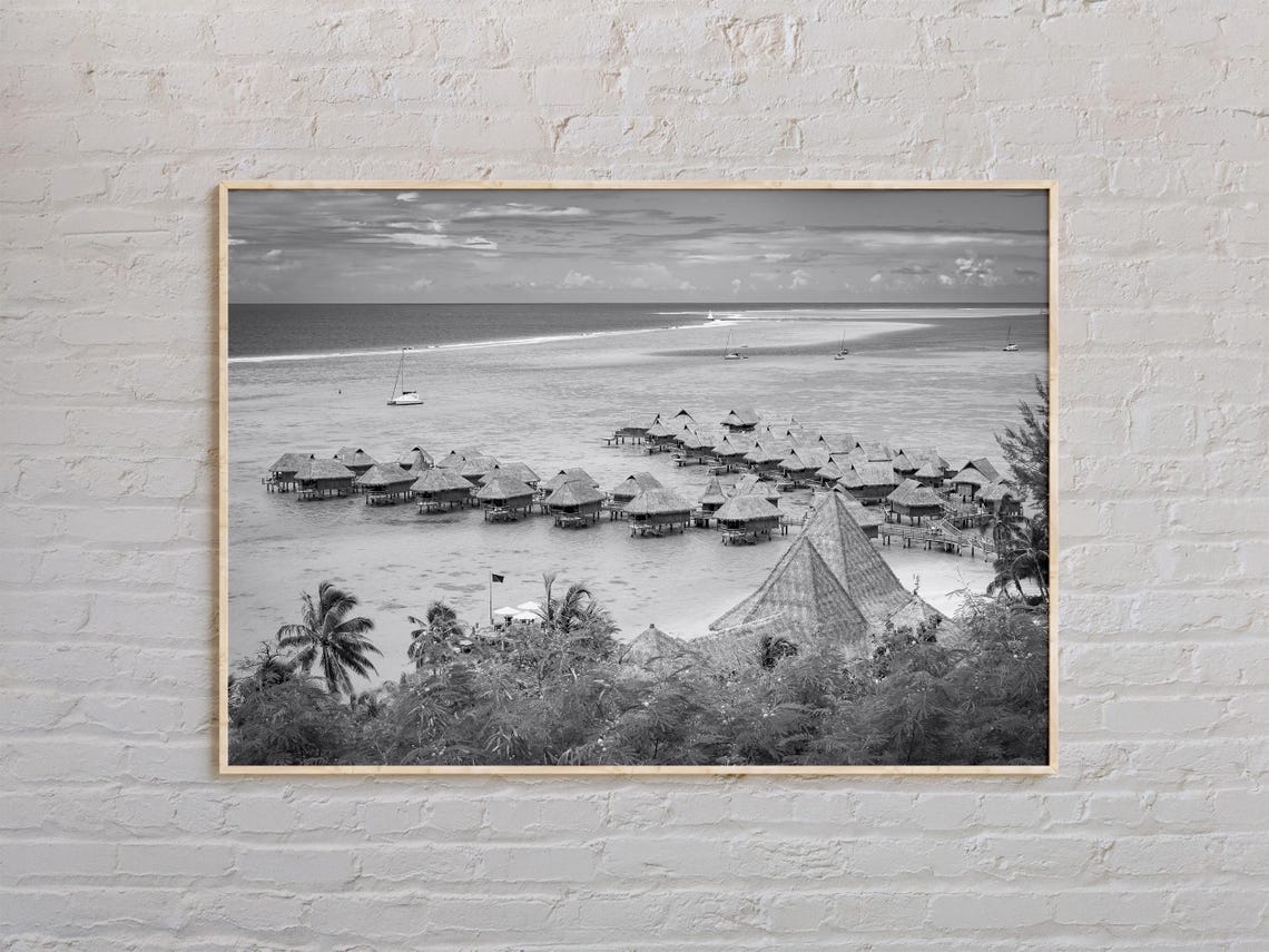 French Polynesia Overwater Bungalows Lagoon Black and White Poster