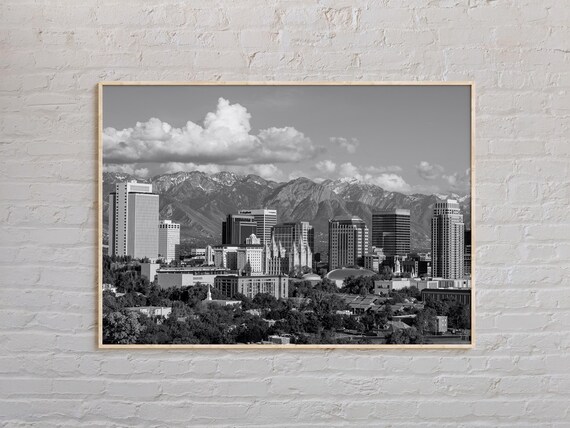 Salt Lake City Utah Skyline Wasatch Mountains Mono Landscape Poster