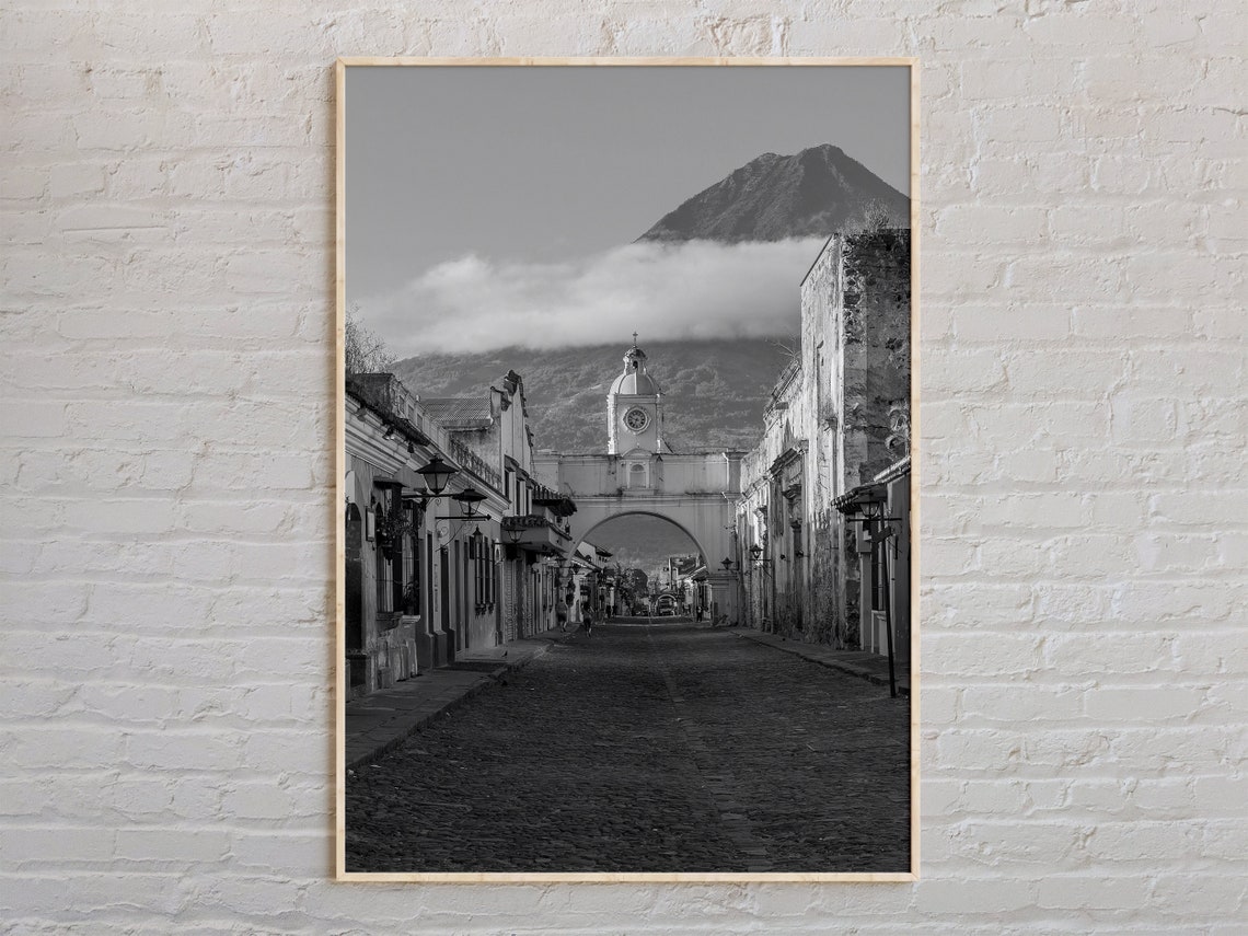 Black And White Antigua Guatemala Colonial Street Arch Photo Poster